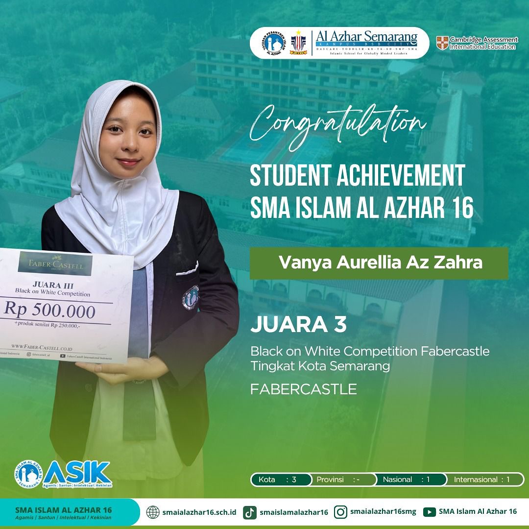 *Assalamu’alaikum, Hallo Generasi ASIK* 📣

Alhamdulillah, kabar bahagia datang dari ajang bergengsi Black on White Competition yang diselenggarakan oleh Faber-Castell tingkat Kota Semarang 🎨🖋️

Sebuah pencapaian yang luar biasa, yang tak hanya menunjukkan kreativitas dan ketekunan, tetapi juga membawa harum nama sekolah di tingkat kota.

Kompetisi ini bukan sekadar ajang lomba menggambar atau menulis hitam di atas putih, tetapi juga sarana untuk mengekspresikan ide, imajinasi dan karakter melalui karya seni yang penuh makna.

#SMATerbaik
#GenerasiASIK
#SMAIslamTerbaikSemarang
#TahfidzandBilingualSchool